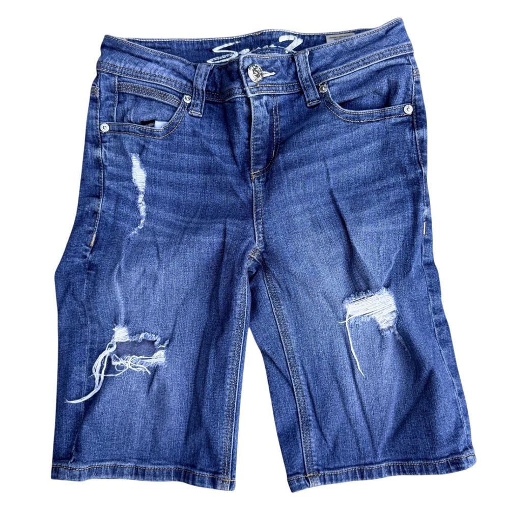 Seven7 Distressed Bermuda Denim Shorts Size 4 Bishop Blue Stretch MY3107